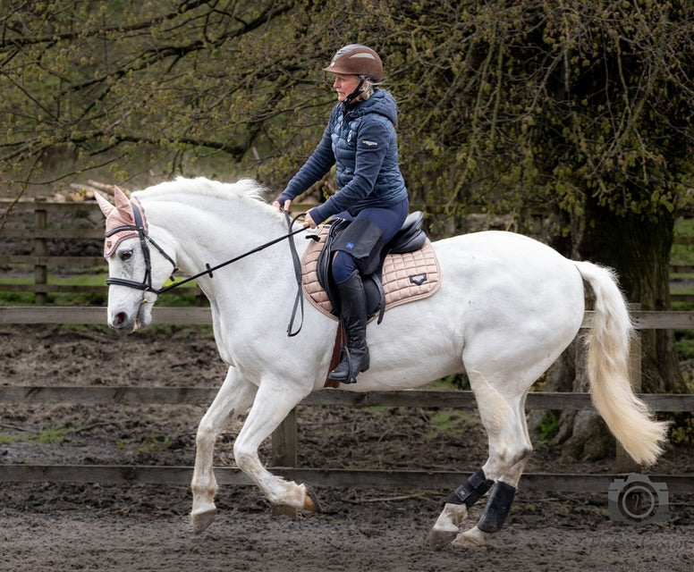 Horse rider wearing a black Equiseat Aid cantering a grey horse
